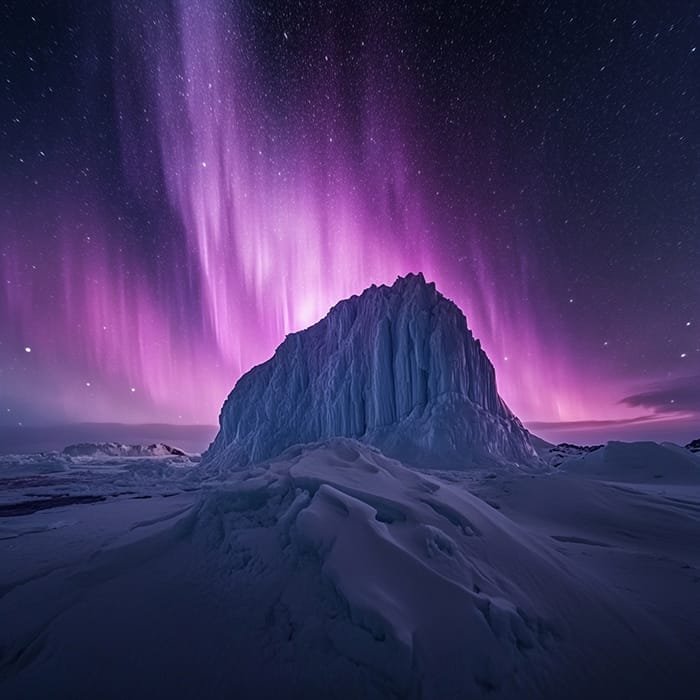 A large iceberg in Antarctica stands under a night sky illuminated by vibrant purple and pink aurora borealis lights.