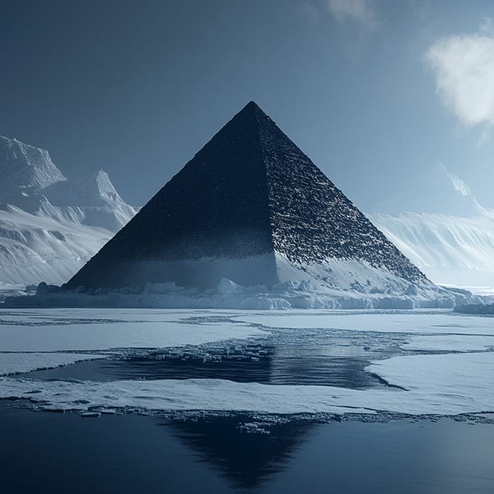 A large pyramid stands in a snowy, mountainous landscape in Antarctica, partially surrounded by ice and water under a cloudy sky.