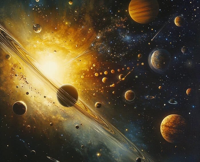 A vivid depiction of a solar system showcases multiple planets, moons, and asteroids orbiting a bright star.
