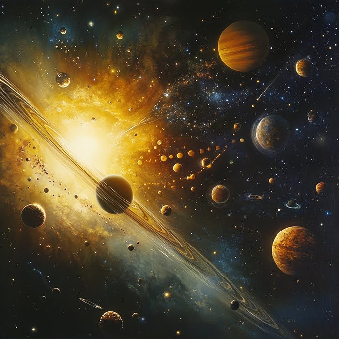 A vivid depiction of a solar system showcases multiple planets, moons, and asteroids orbiting a bright star.