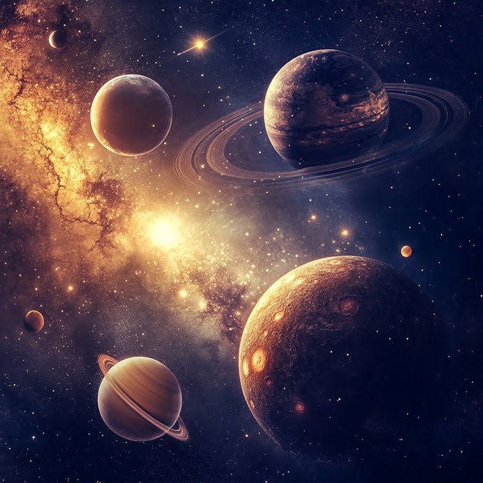 A digitally rendered image of several planets and stars in outer space, including diverse Surface textures and rings, set against a bright, star-filled cosmic background that resembles our Solar System.