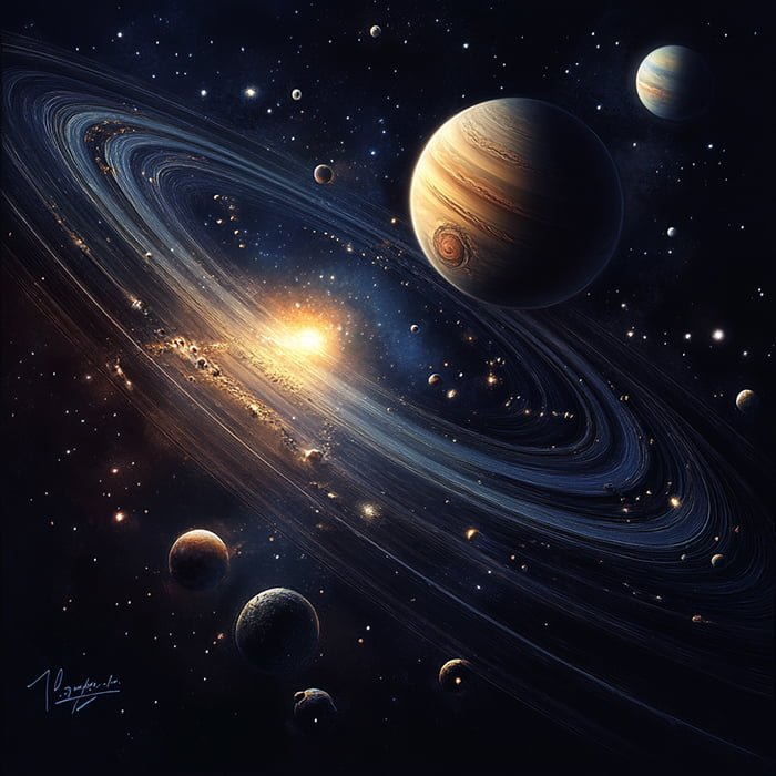 A digital illustration of the Solar System with planets, moons, and stars. A large planet with rings and swirling bands is featured prominently, with other celestial bodies in the background.