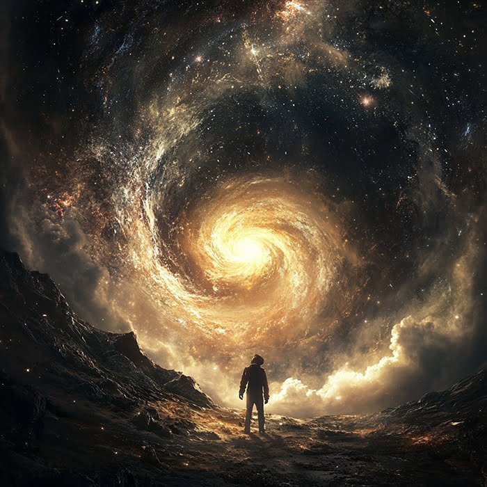 A person stands under a swirling galaxy-like formation in the sky, surrounded by rugged terrain and illuminated by glowing light from above, as if witnessing the oldest thing in the universe.