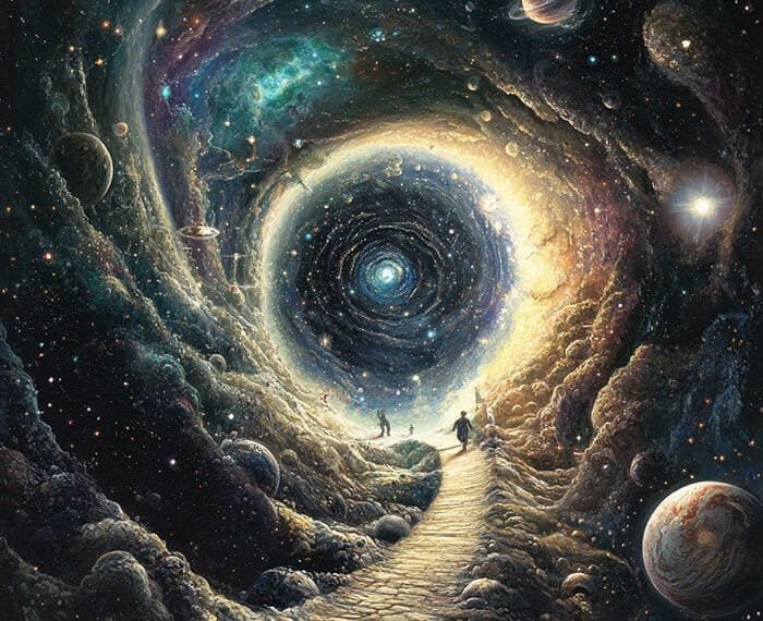 A pathway leads towards a swirling cosmic vortex, surrounded by stars, planets, and nebulae. Among these celestial wonders, the oldest thing in the universe glimmers faintly as two figures walk towards the center.