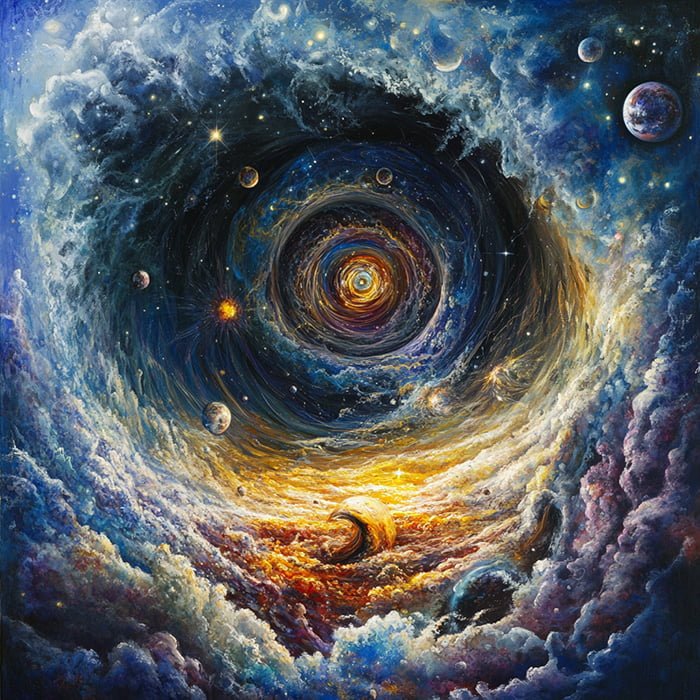 A vibrant, artistic depiction of a cosmic vortex surrounded by planets and stars, with swirling clouds in blue, purple, and yellow hues, evoking a dynamic and fantastical outer space scene that hints at the mysteries of Parallel Universe Theory.