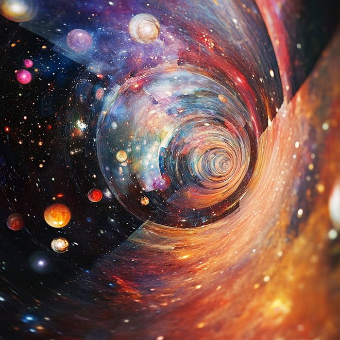 Abstract depiction of a tunnel-like structure in space, surrounded by colorful celestial bodies and swirling galaxies, hinting at the mysteries of the Parallel Universe Theory.