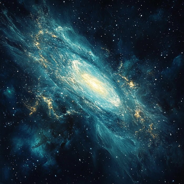 A bright, swirling galaxy with a luminous center surrounded by blue and yellow clouds of cosmic dust, set against a dark star-filled background. This breathtaking sight is often considered the rarest thing in the universe.