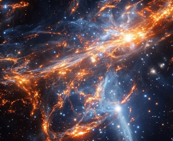 A vibrant cosmic scene featuring bright orange and blue nebulous clouds set against a backdrop of countless stars in deep space, making it feel like you're witnessing the rarest thing in the universe.