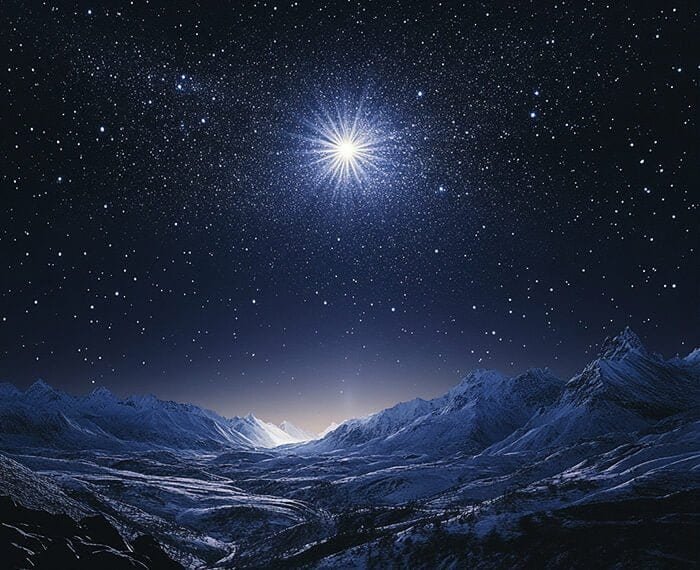 A famous star illuminates a snowy mountain landscape under a clear, star-filled night sky.