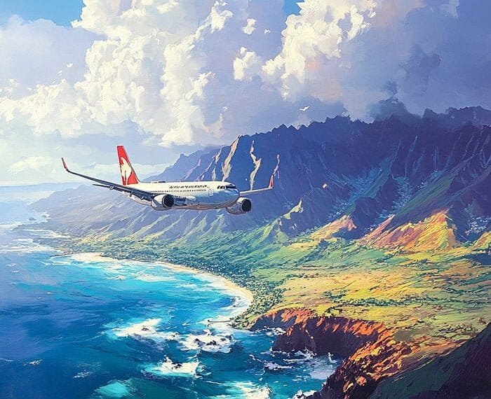 A commercial airplane flies over a scenic coastal landscape with mountains, a beach, and a partly cloudy sky, offering passengers free in-flight Wi-Fi courtesy of Starlink.