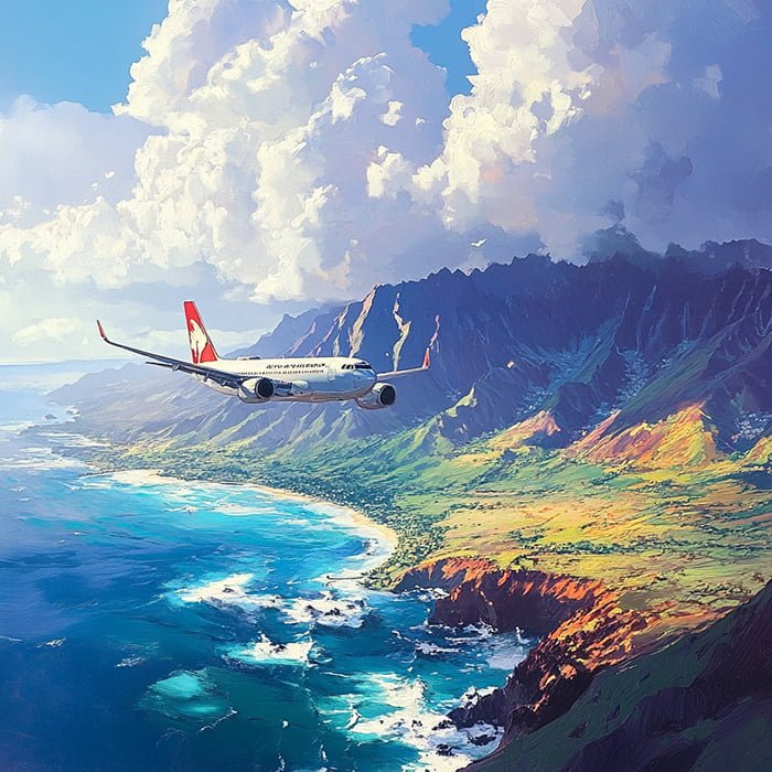 A commercial airplane flies over a scenic coastal landscape with mountains, a beach, and a partly cloudy sky, offering passengers free in-flight Wi-Fi courtesy of Starlink.