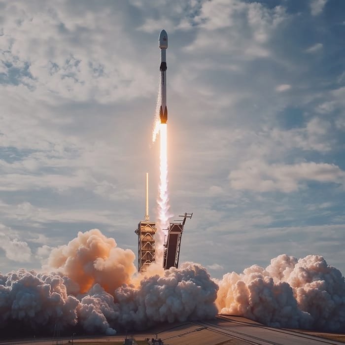 A SpaceX rocket takes off amidst clouds of smoke and flames, with a blue sky and scattered clouds in the background.