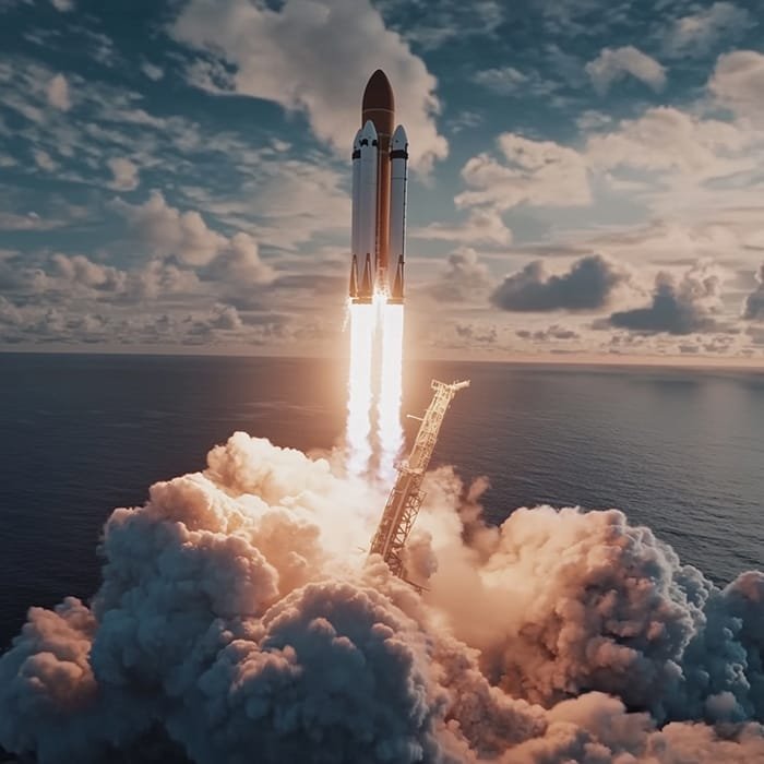 A SpaceX shuttle is launching over the ocean, leaving behind a trail of smoke and flames against a backdrop of clouds and blue sky.