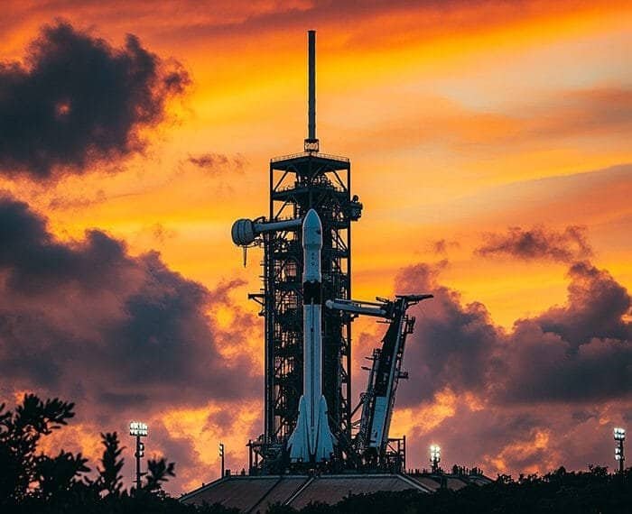 A SpaceX rocket stands at a launch pad against a backdrop of a vibrant orange and yellow sunset sky with scattered dark clouds.