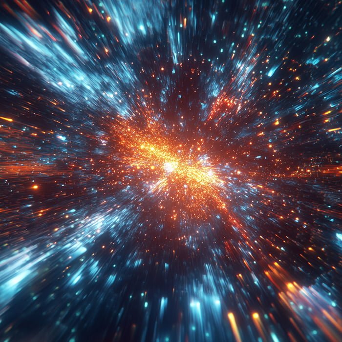 The Mind-Bending Journey to Light-Speed Travel: Unveiling the Universe's Mysteries 1 An abstract image depicting an explosion of colorful light and particles, creating a dynamic, starburst-like pattern against a dark background, enhanced by dazzling optical effects.
