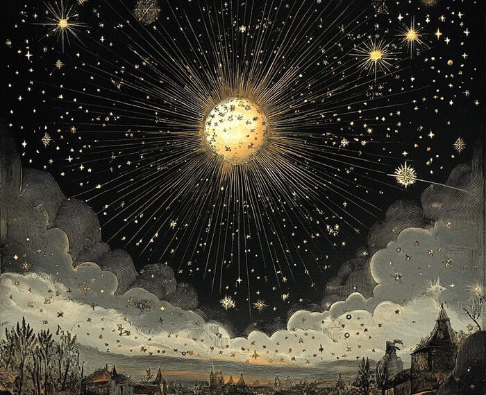 An artistic depiction of a glowing celestial body radiating light, surrounded by stars on a celestial journey through the night sky, with a village landscape below under a blanket of clouds.