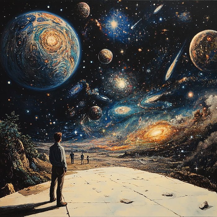 A person stands on a stone path, gazing at a vivid space scene filled with planets, galaxies, and stars—marveling at the universe and contemplating the biggest thing imaginable.