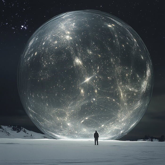 A person stands on a snowy landscape at night, facing a gigantic, glowing, transparent sphere filled with stars, as if peering into the deepest mysteries of the universe.