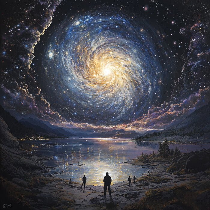 Several silhouetted figures stand by a lakeshore, gazing at the massive spiral galaxy in a star-filled universe.