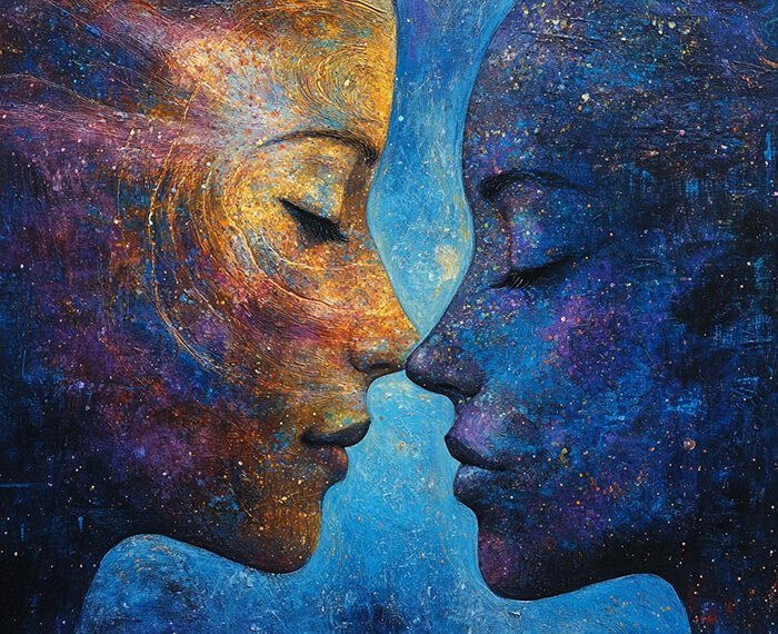 A painting depicts two faces in profile, one in warm tones and one in cool tones, against a cosmic background of stars and galaxies. In this Twin Flames Universe, the faces are close together, nearly touching at the nose.