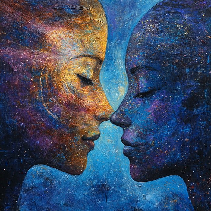 A painting depicts two faces in profile, one in warm tones and one in cool tones, against a cosmic background of stars and galaxies. In this Twin Flames Universe, the faces are close together, nearly touching at the nose.