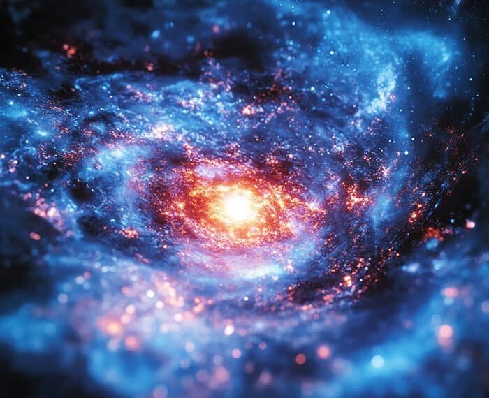 A vivid image of a galaxy with a bright central core and swirling blue and orange clouds of gas and dust, reminiscent of the remnants from the Big Bang. The surrounding area is speckled with stars, creating a sense of depth and motion.