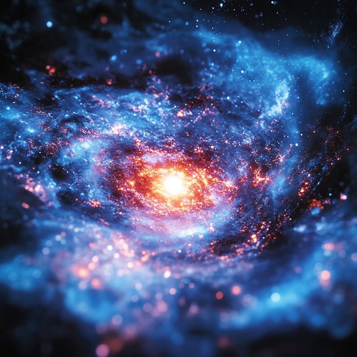 A vivid image of a galaxy with a bright central core and swirling blue and orange clouds of gas and dust, reminiscent of the remnants from the Big Bang. The surrounding area is speckled with stars, creating a sense of depth and motion.