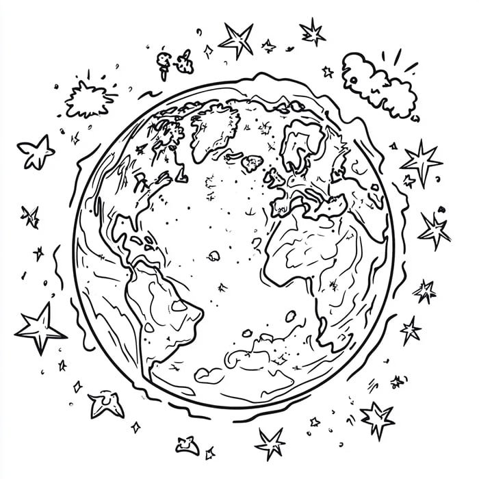 Black and white doodle of Earth surrounded by stars, clouds, and space objects.