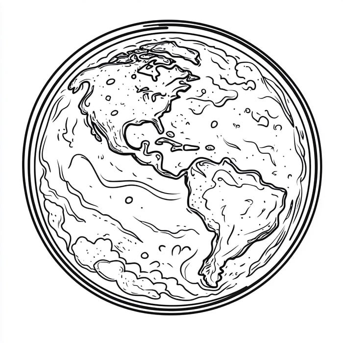 A black-and-white line drawing of the Earth, focusing on North and South America, with detailed contours and outlines of geographic features.