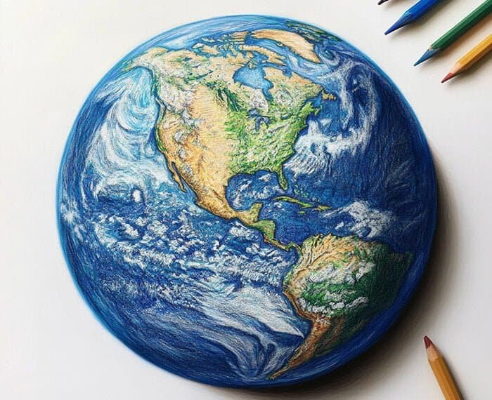 Colorful drawing of Earth focusing on North and South America, with colored pencils placed beside the artwork.