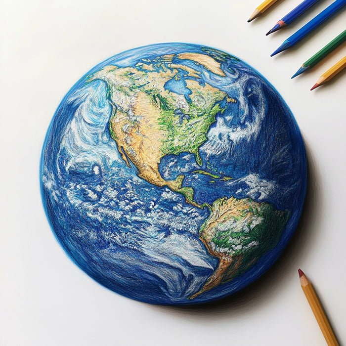 Colorful drawing of Earth focusing on North and South America, with colored pencils placed beside the artwork.