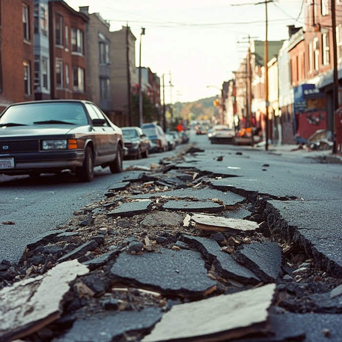 A city street in NJ with severe cracks and upheaval in the asphalt, possibly from an earthquake, is lined with parked cars on both sides and buildings in the background.