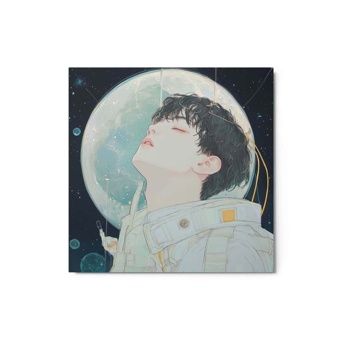 Introducing our "Celestial Dreamer Metal Prints - Wall Art": a captivating illustration featuring an astronaut with closed eyes, set against the mesmerizing backdrop of a large, glowing moon and a star-filled galaxy. The dreamy astronaut exudes peaceful contemplation, making this piece perfect for adding an element of serenity to your space. Ideal for metal prints or other wall art applications.