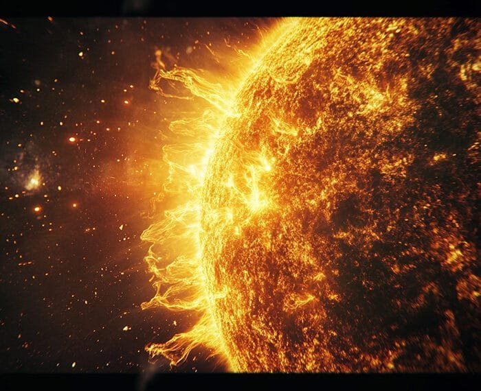 A close-up view of the sun with visible solar flares and its intense fiery surface, highlighting the massive scale of the sun against the backdrop of space.