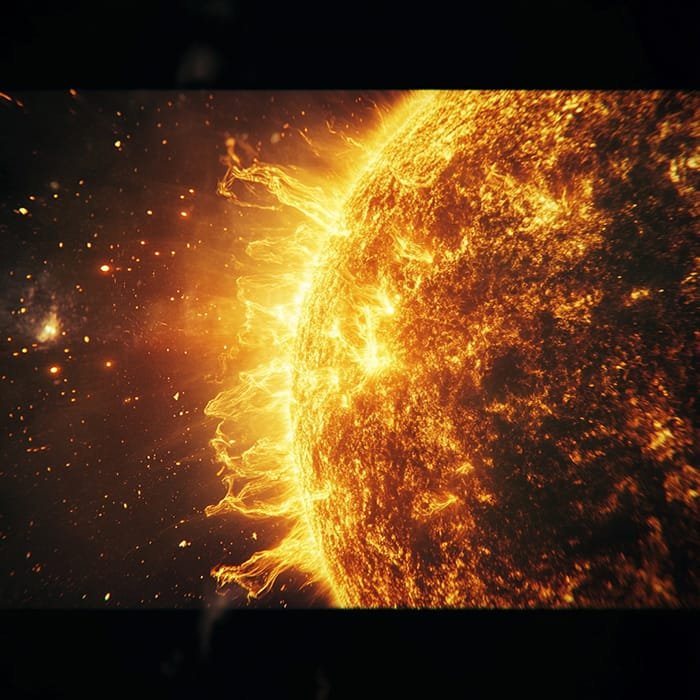 A close-up view of the sun with visible solar flares and its intense fiery surface, highlighting the massive scale of the sun against the backdrop of space.