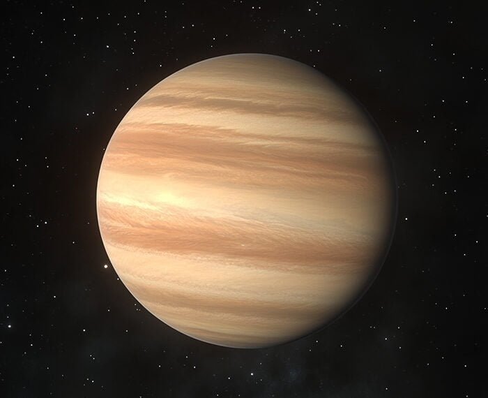 A digital rendering of the biggest gas giant planet against the backdrop of space, showing bands of clouds in varying shades of beige and brown.