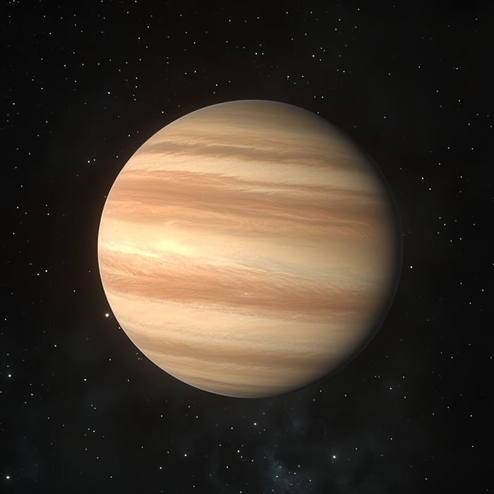 A digital rendering of the biggest gas giant planet against the backdrop of space, showing bands of clouds in varying shades of beige and brown.