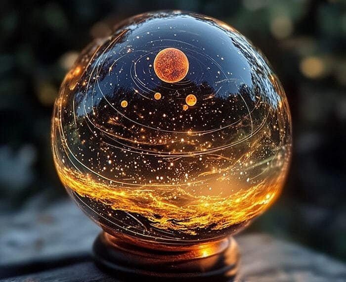 A 3D Solar System Crystal Ball gracefully showcases a glowing solar system model, with planets and orbits beautifully illuminated against a dark background on a wooden base.