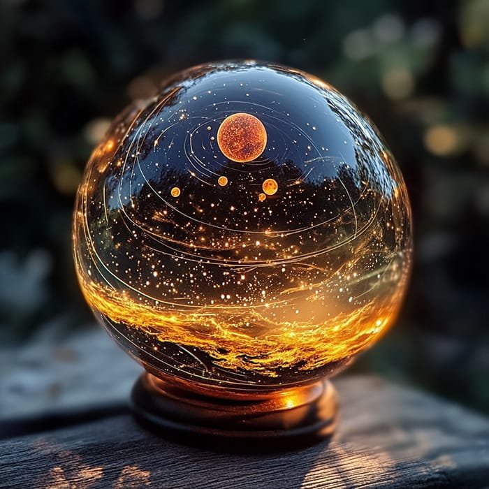 A 3D Solar System Crystal Ball gracefully showcases a glowing solar system model, with planets and orbits beautifully illuminated against a dark background on a wooden base.