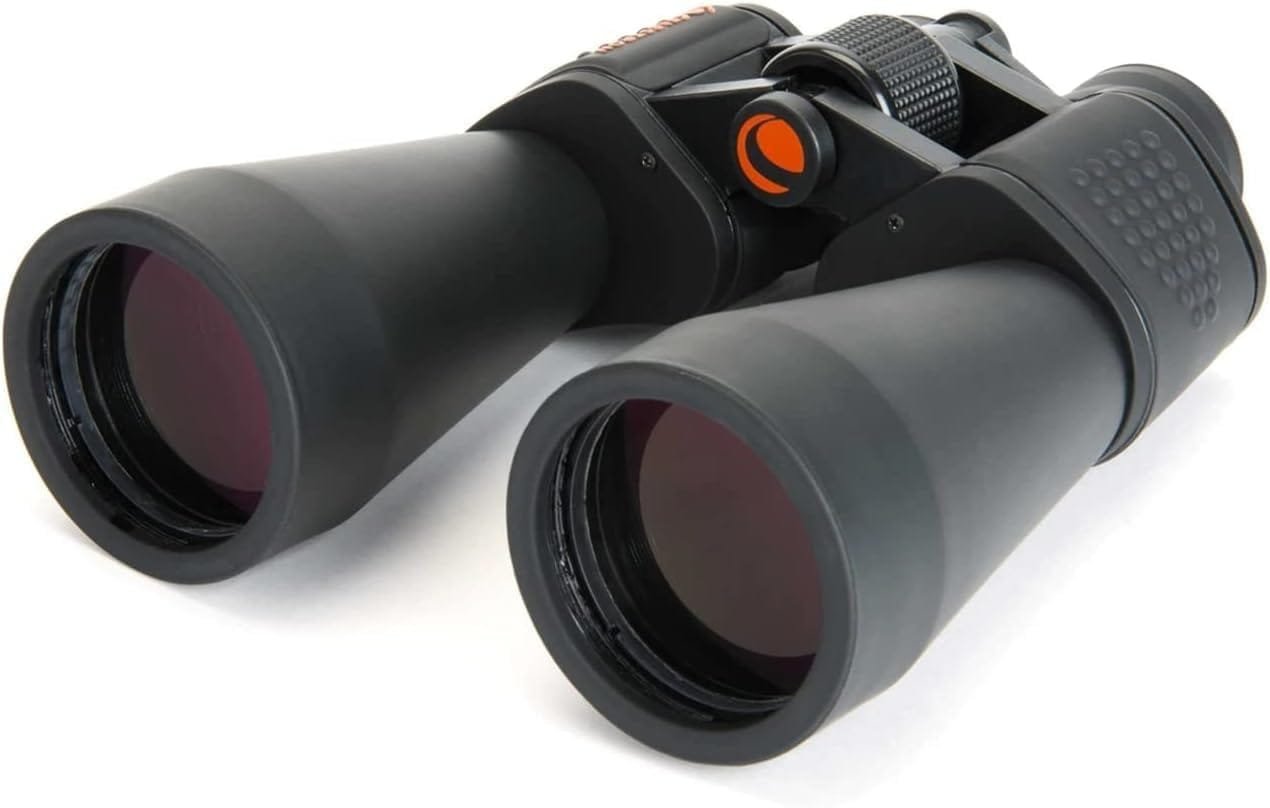 A pair of black binoculars with large objective lenses and textured grips is shown. The device has a central focusing knob and is positioned at an angle.