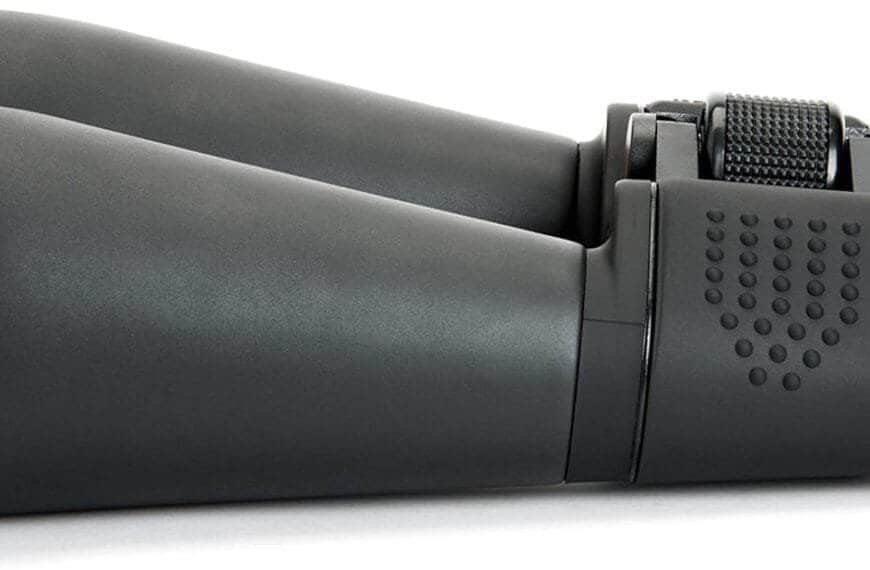 A pair of black binoculars with large lenses, ribbed grip on the body, and an adjustable central focusing mechanism.