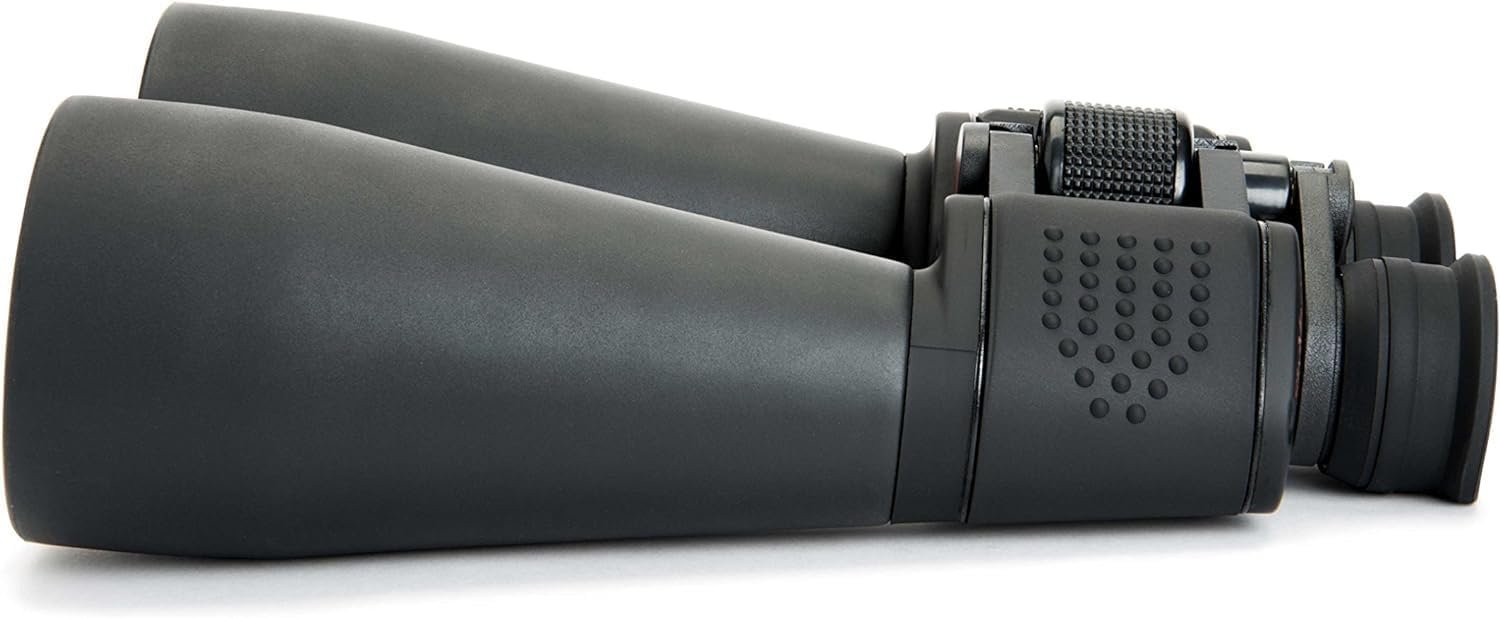 A pair of black binoculars with large lenses, ribbed grip on the body, and an adjustable central focusing mechanism.