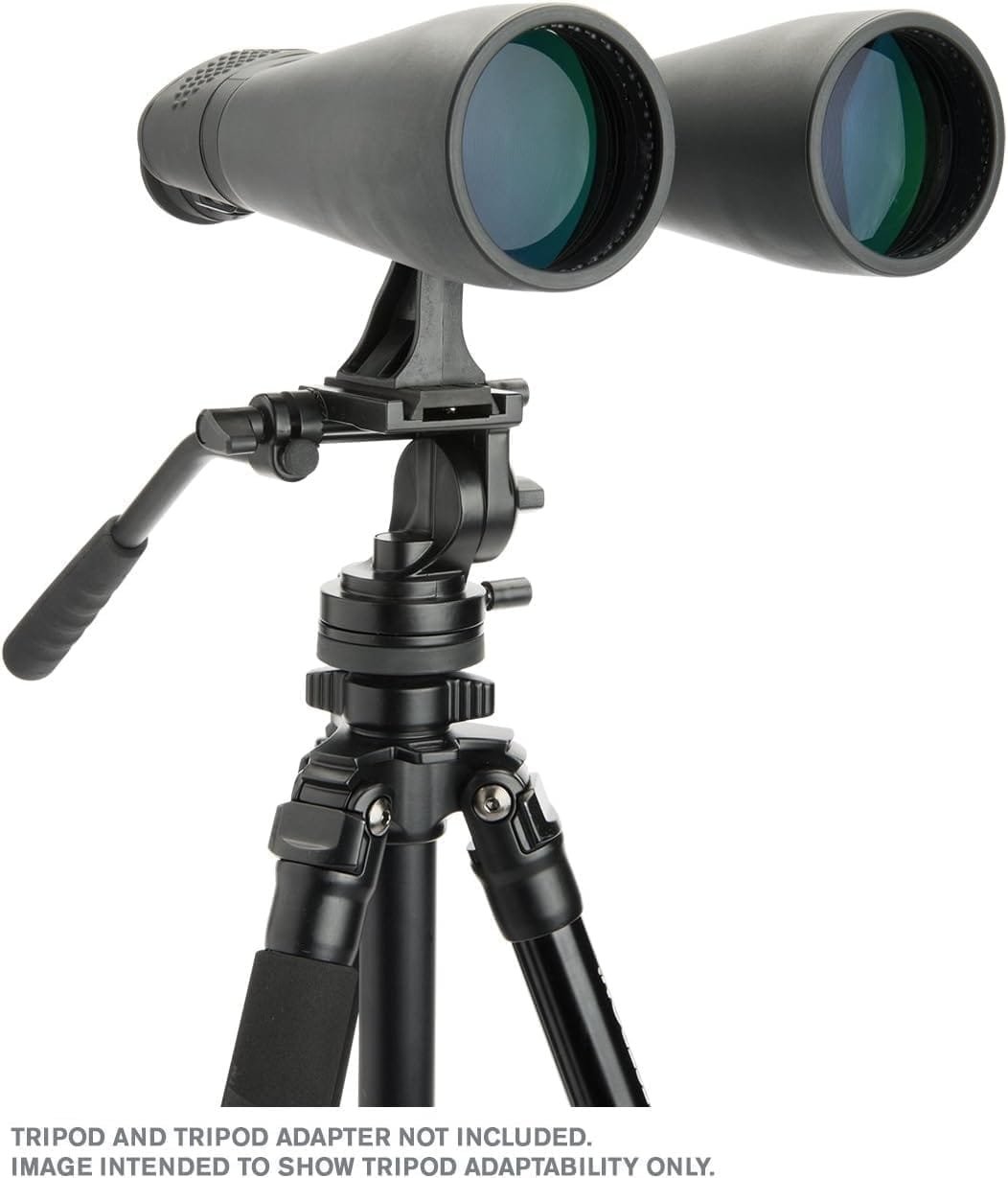 Close-up view of binoculars mounted on a tripod. Note mentions that the tripod and adapter are not included; image is for demonstration of tripod adaptability.