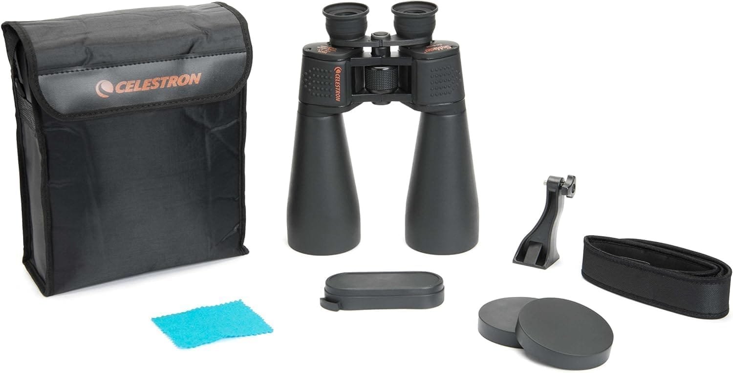 A set of black Celestron binoculars with lens caps, a cleaning cloth, a neck strap, a mounting bracket, and a carrying case displayed on a white background.