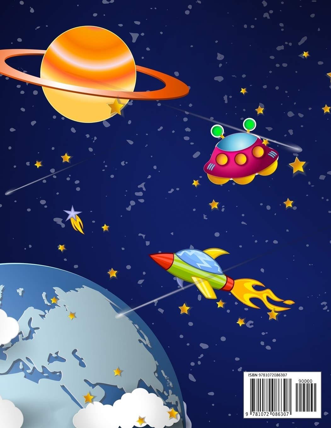 Illustration of a colorful spaceship and rocket flying through space, with stars, planets, and Earth in the background. Barcode visible at bottom right.