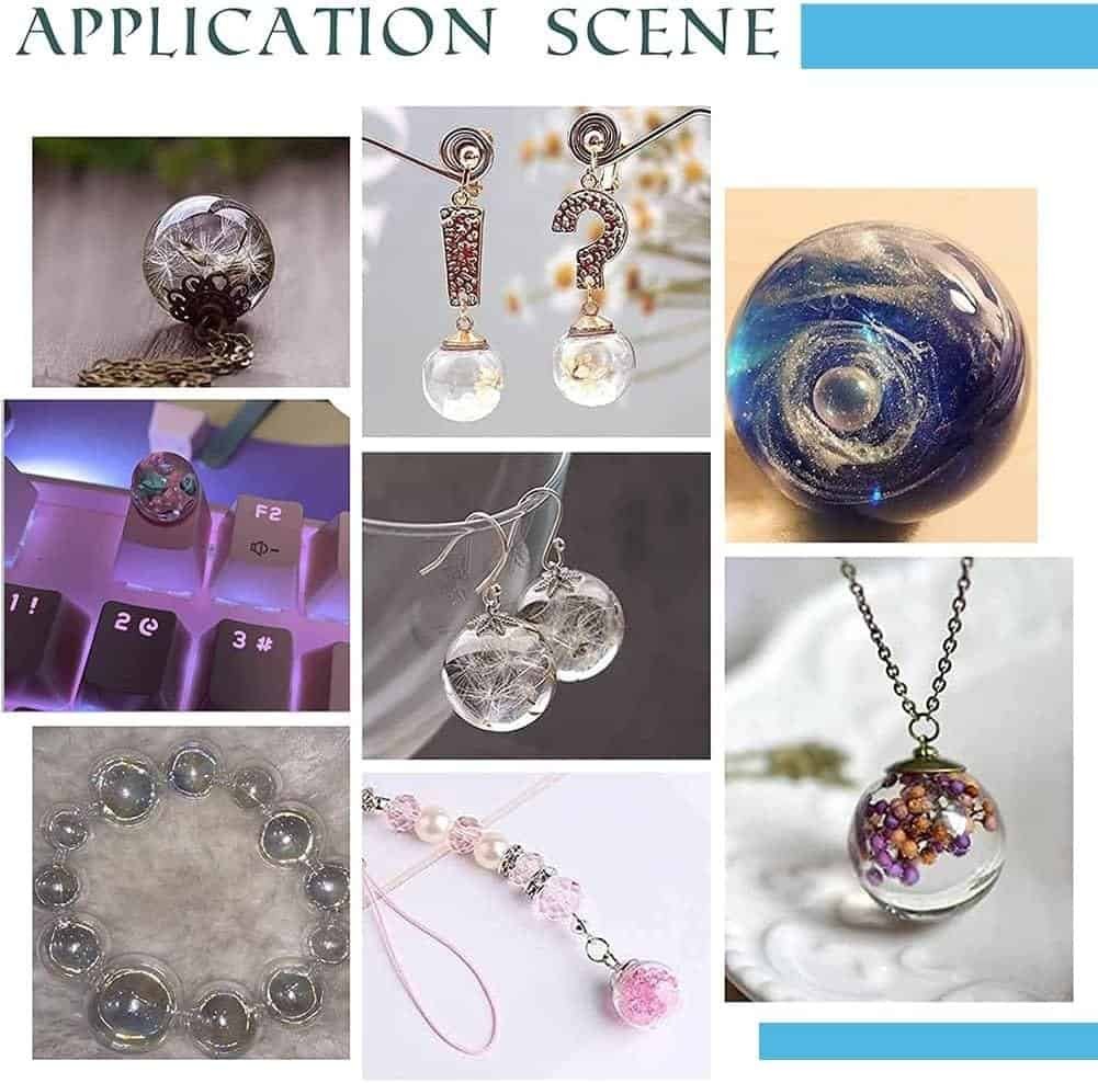 A collage of various glass orb jewelry and accessories, including necklaces, earrings, a decorative keycap, and a bracelet, shown against different backgrounds.