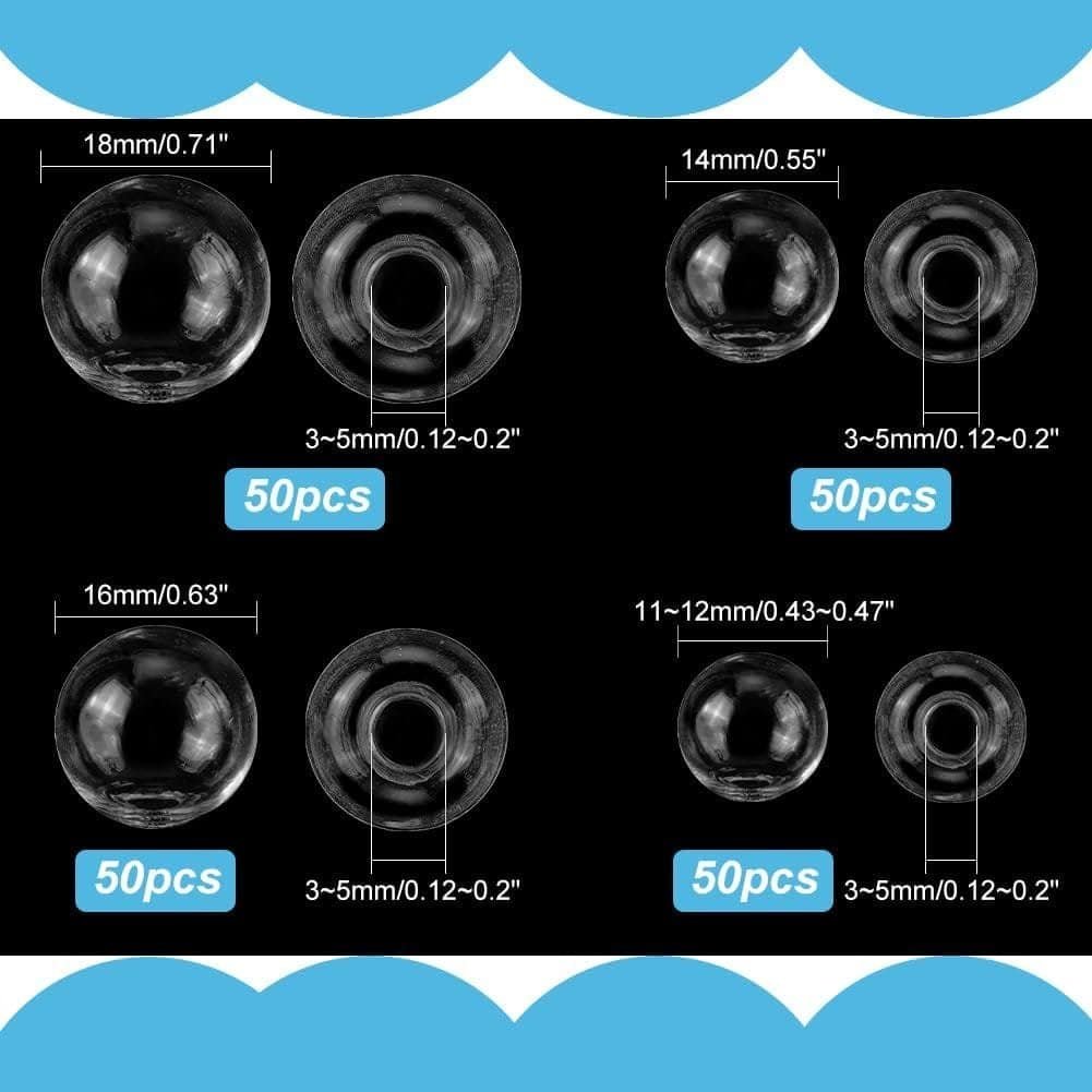 Various sizes of 50 transparent flat-backed round buttons for crafts, ranging from 11mm to 18mm, with specified thickness.