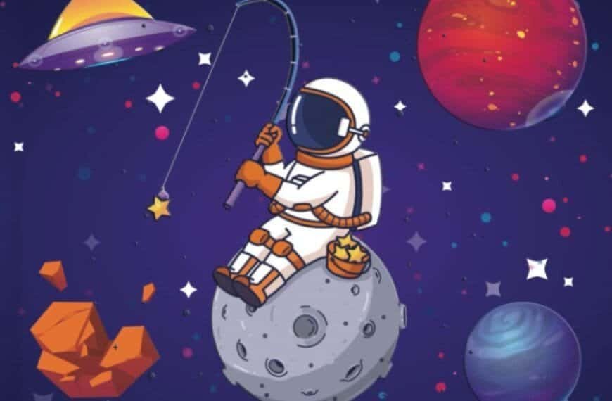 Colorful space-themed coloring book cover for kids ages 4-8. Features an astronaut fishing from a moon amid planets and asteroids.