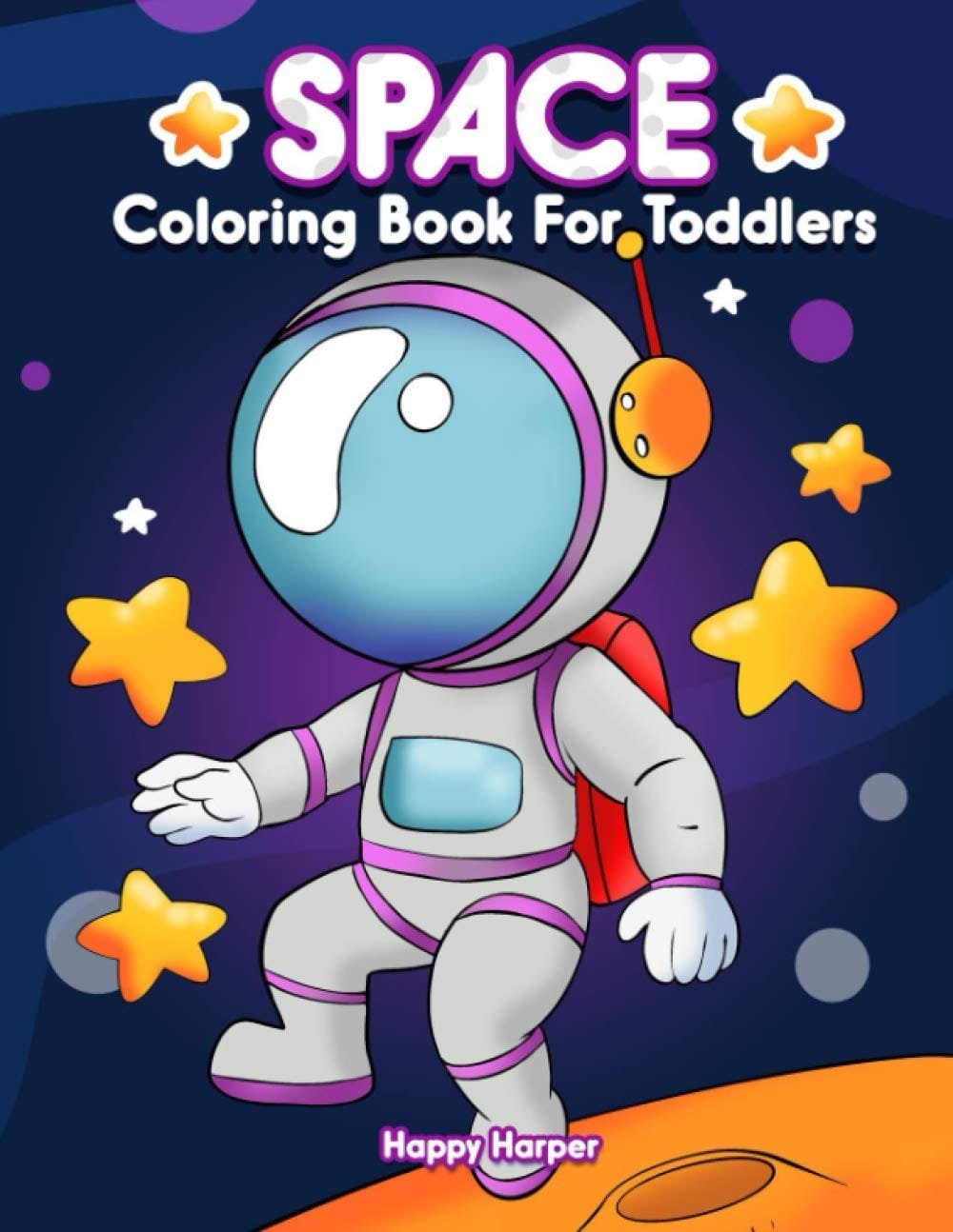 Cover of a toddler's space-themed coloring book with an astronaut and stars on a dark background.