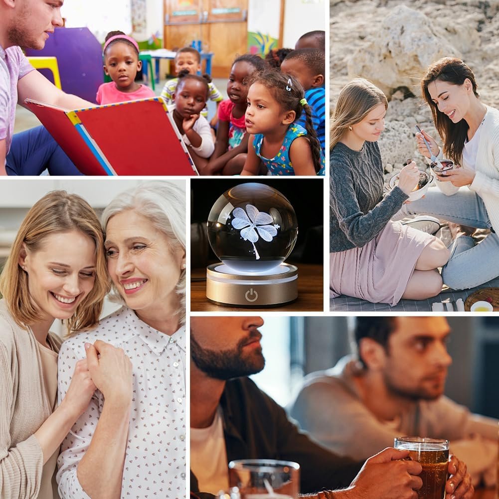 Collage image: children listening to a story, two women smiling indoors, a glowing butterfly orb, a woman and girl writing outdoors, two men drinking beer.